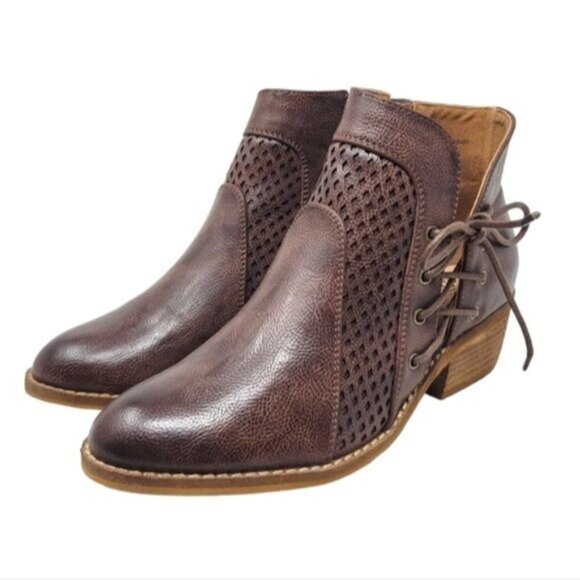 Beast Fashion | Denver Side Laced Mesh Boots Booties Brown - Picture 1 of 13
